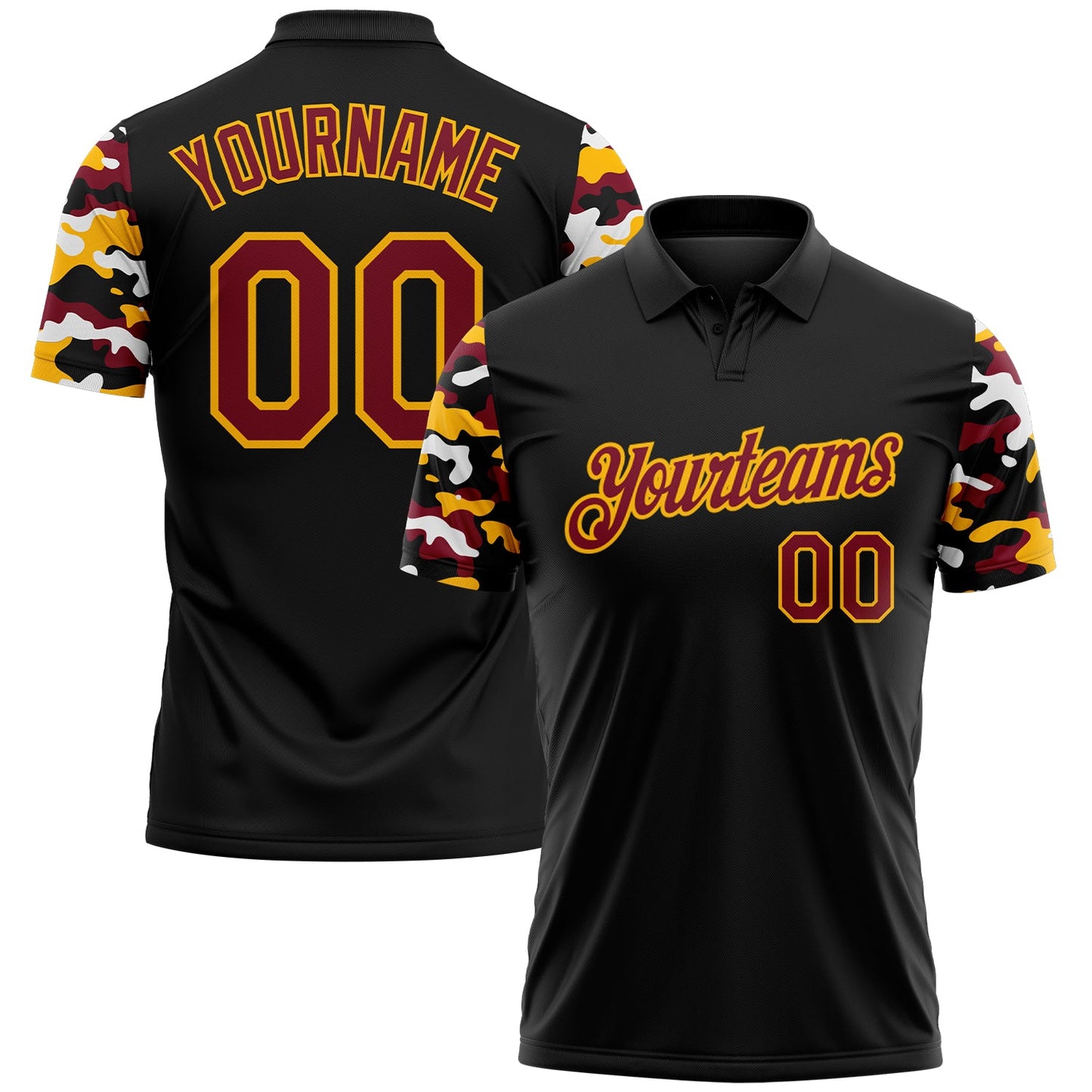 Custom Black Crimson Gold-White Digital Camo Two Tone Performance Polo Shirt - Main View