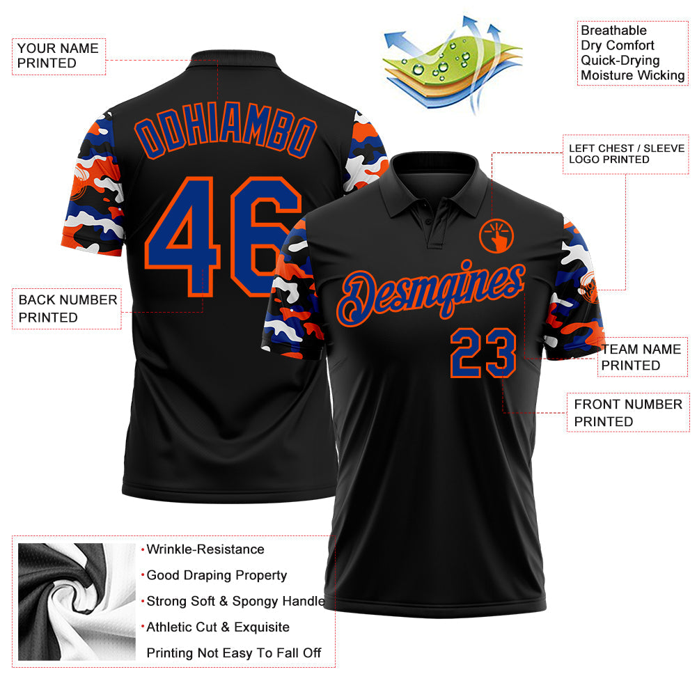 Custom Black Royal Orange-White Digital Camo Two Tone Performance Polo Shirt view 3