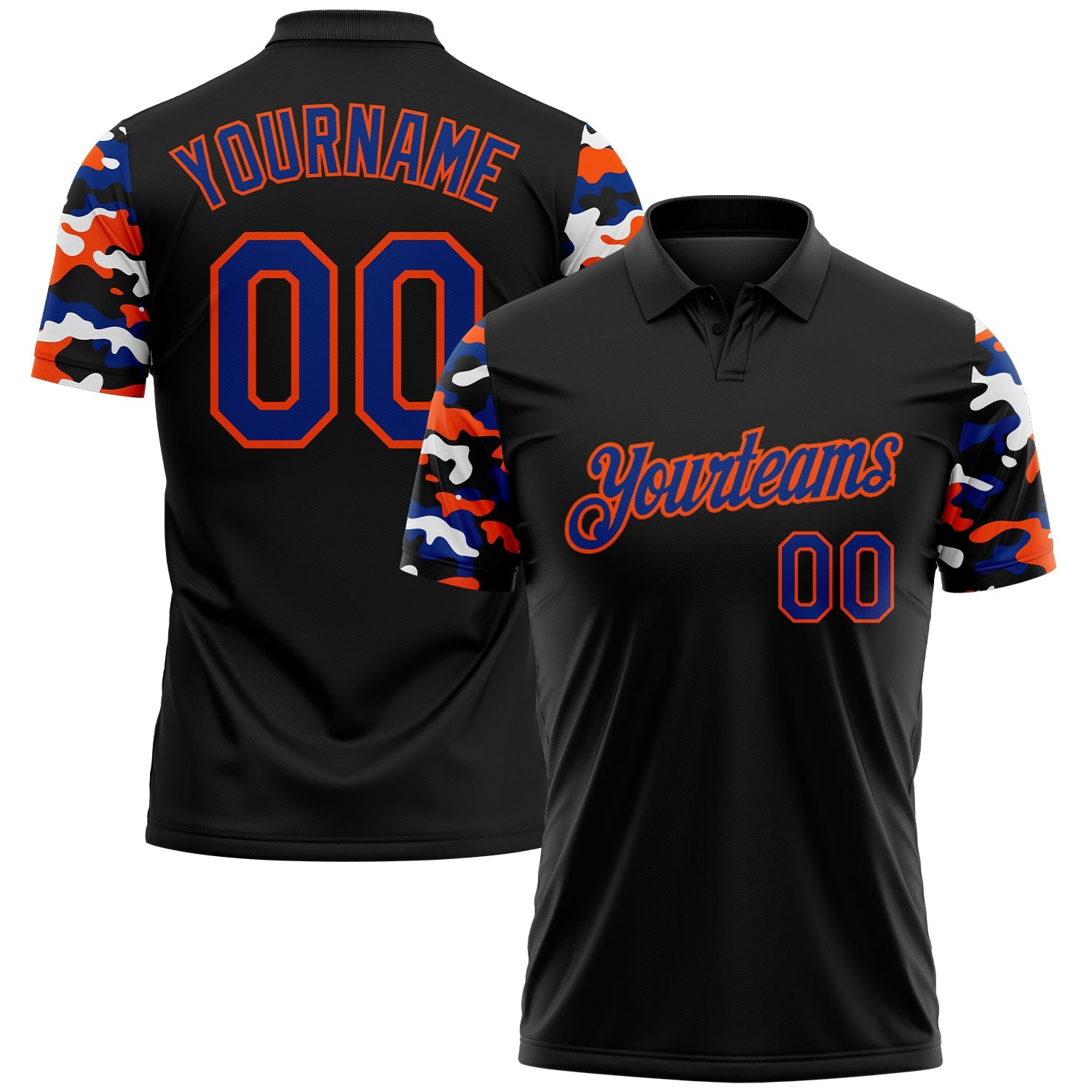 Custom Black Royal Orange-White Digital Camo Two Tone Performance Polo Shirt - Main View