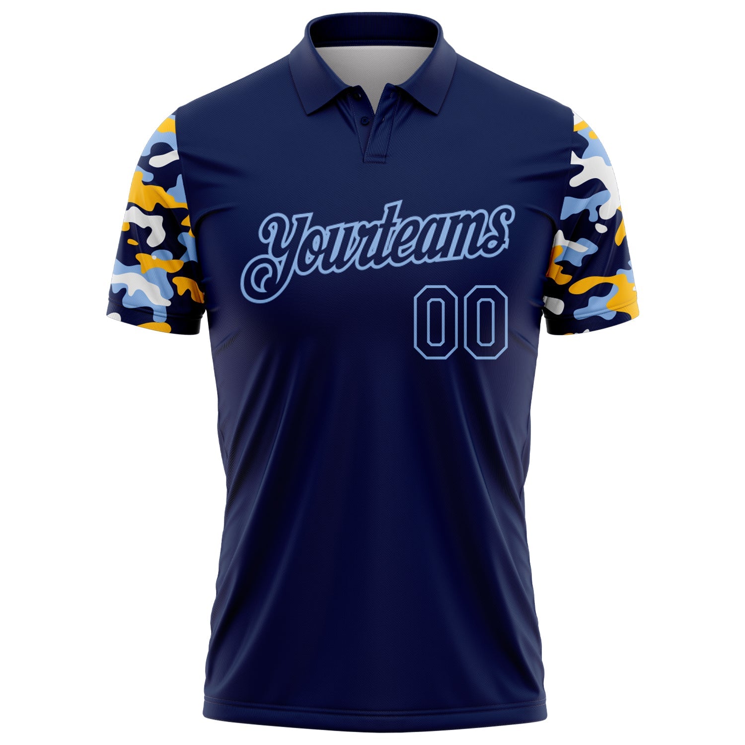 Custom Navy Light Blue Gold-White Digital Camo Two Tone Performance Polo Shirt view 2