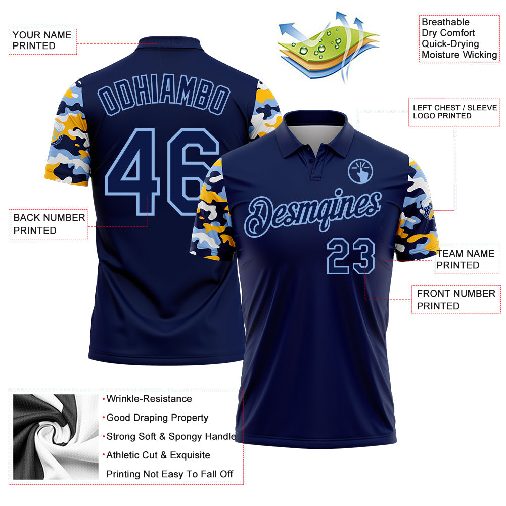 Custom Navy Light Blue Gold-White Digital Camo Two Tone Performance Polo Shirt view 3