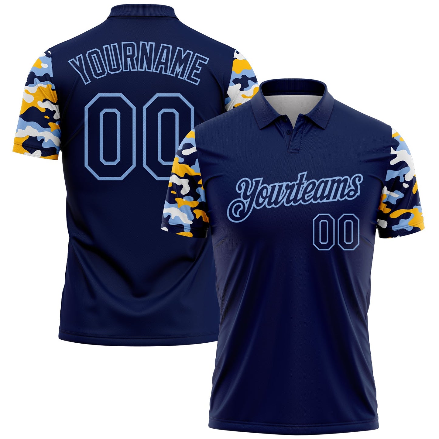 Custom Navy Light Blue Gold-White Digital Camo Two Tone Performance Polo Shirt - Main View