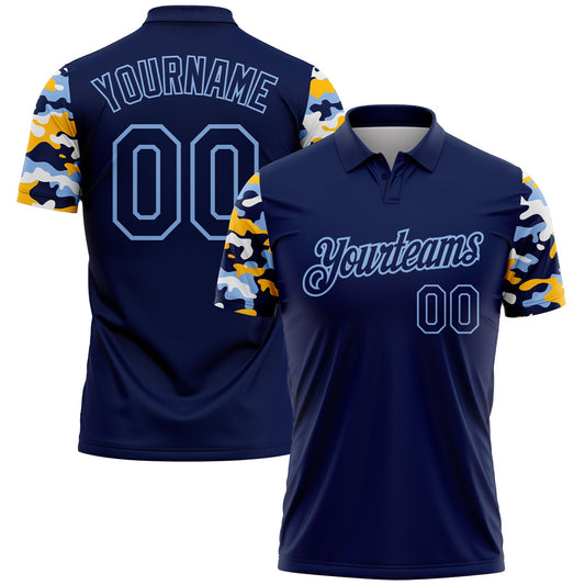 Custom Navy Light Blue Gold-White Digital Camo Two Tone Performance Polo Shirt - Main View