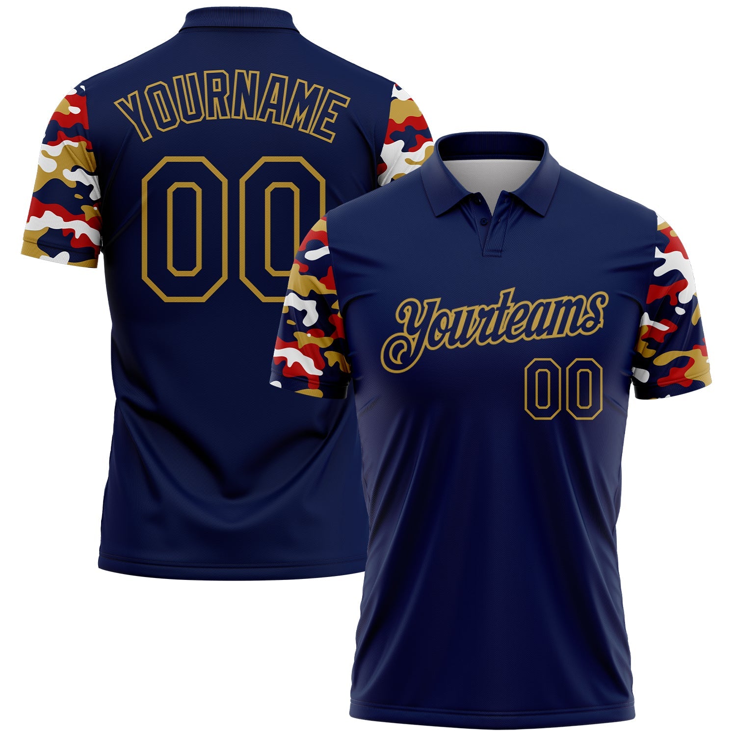 Custom Navy Red Old Gold-White Digital Camo Two Tone Performance Polo Shirt - Main View