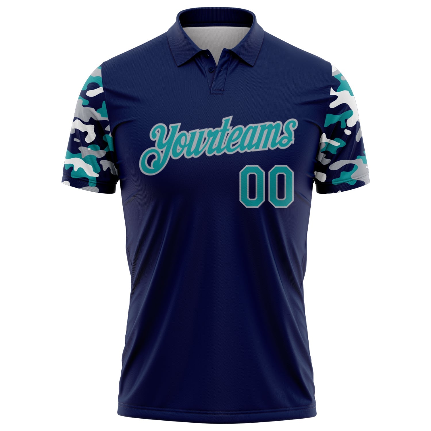 Custom Navy Teal Gray-White Digital Camo Two Tone Performance Polo Shirt view 2