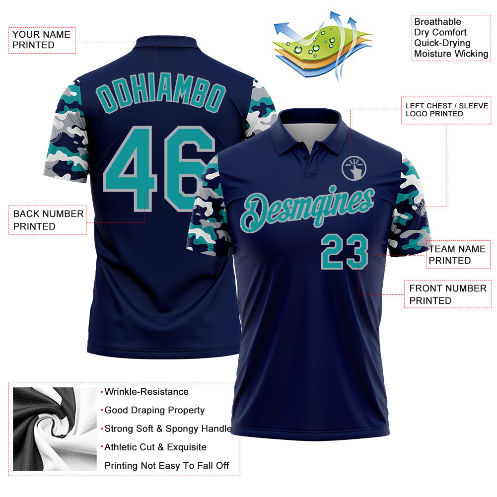 Custom Navy Teal Gray-White Digital Camo Two Tone Performance Polo Shirt view 3