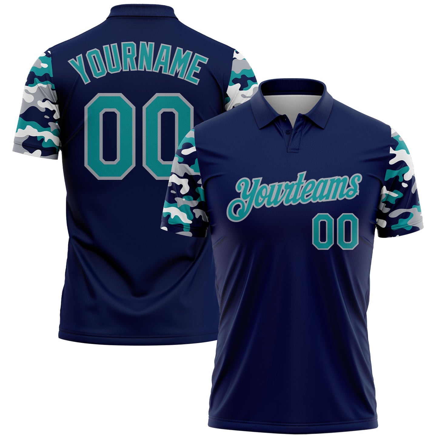 Custom Navy Teal Gray-White Digital Camo Two Tone Performance Polo Shirt - Main View