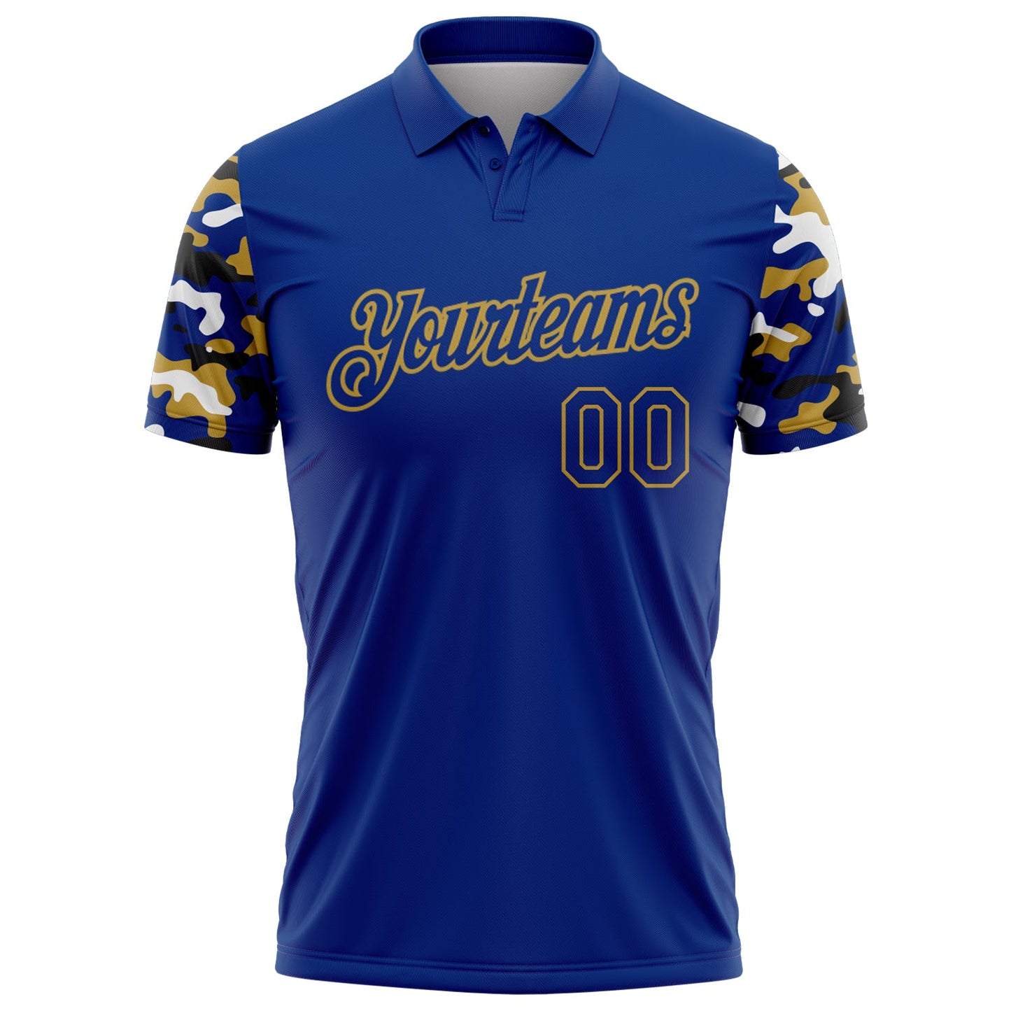 Custom Royal Old Gold Black-White Digital Camo Two Tone Performance Polo Shirt view 2