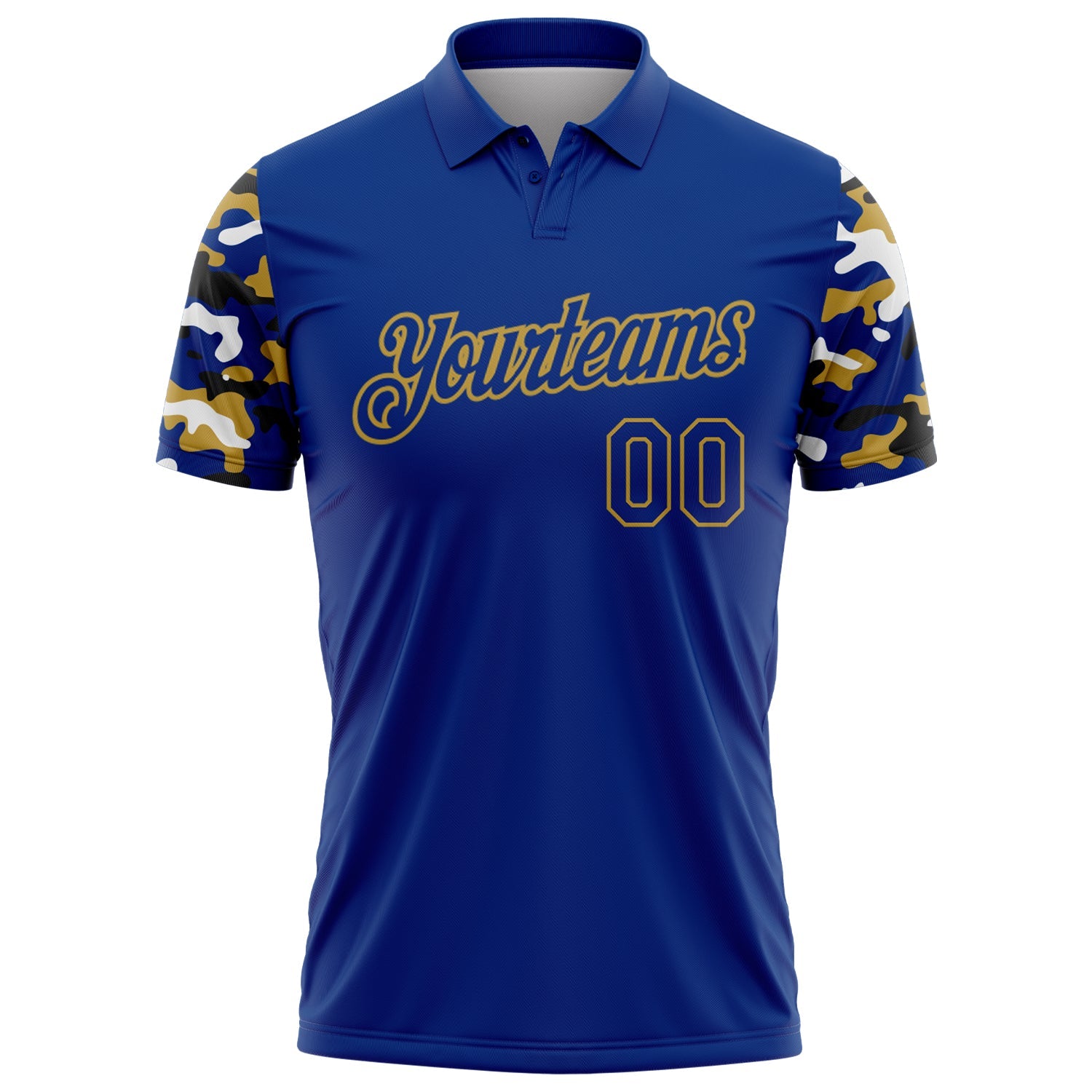 Custom Royal Old Gold Black-White Digital Camo Two Tone Performance Polo Shirt view 2