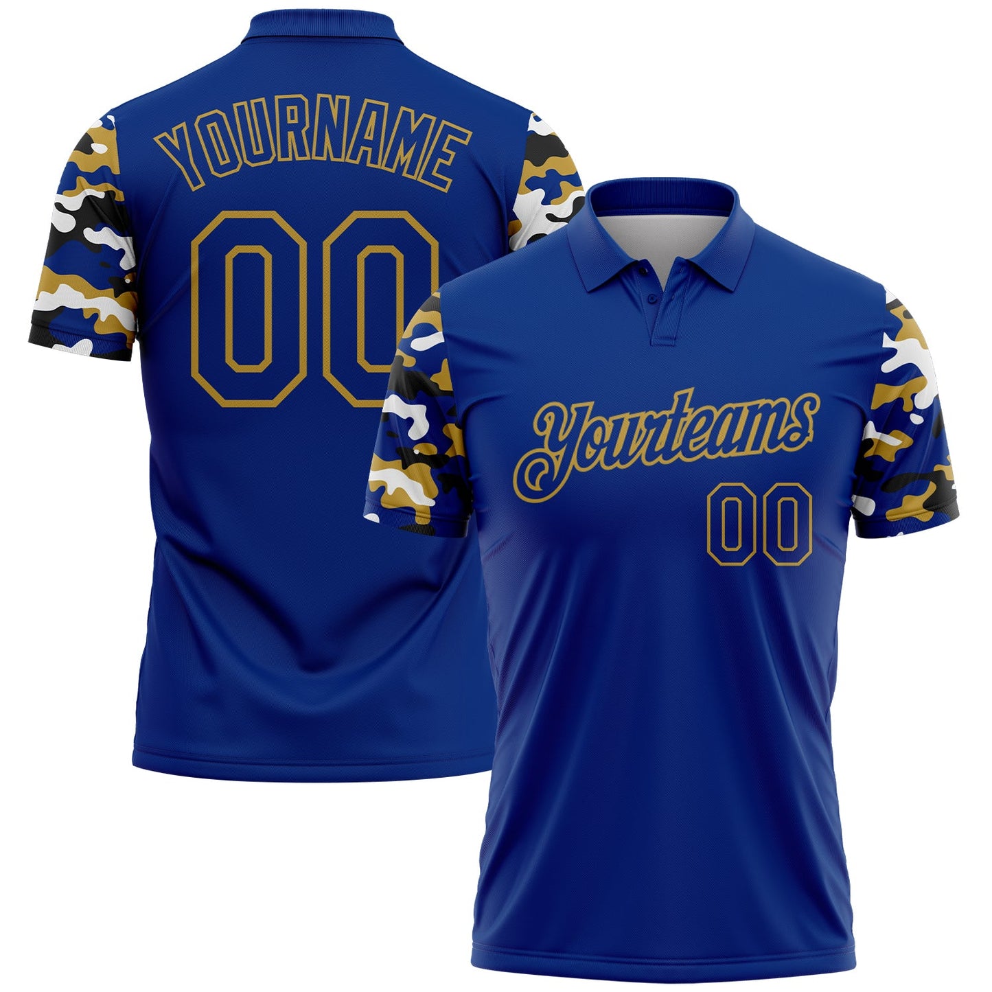 Custom Royal Old Gold Black-White Digital Camo Two Tone Performance Polo Shirt - Main View