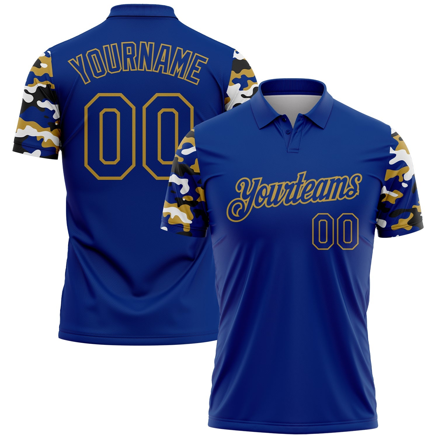 Custom Royal Old Gold Black-White Digital Camo Two Tone Performance Polo Shirt - Main View