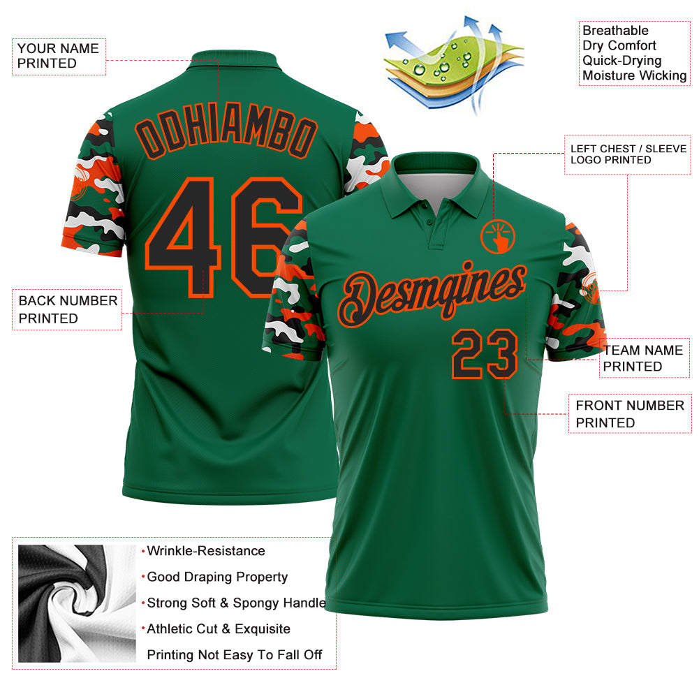 Custom Kelly Green Black Orange-White Digital Camo Two Tone Performance Polo Shirt view 3