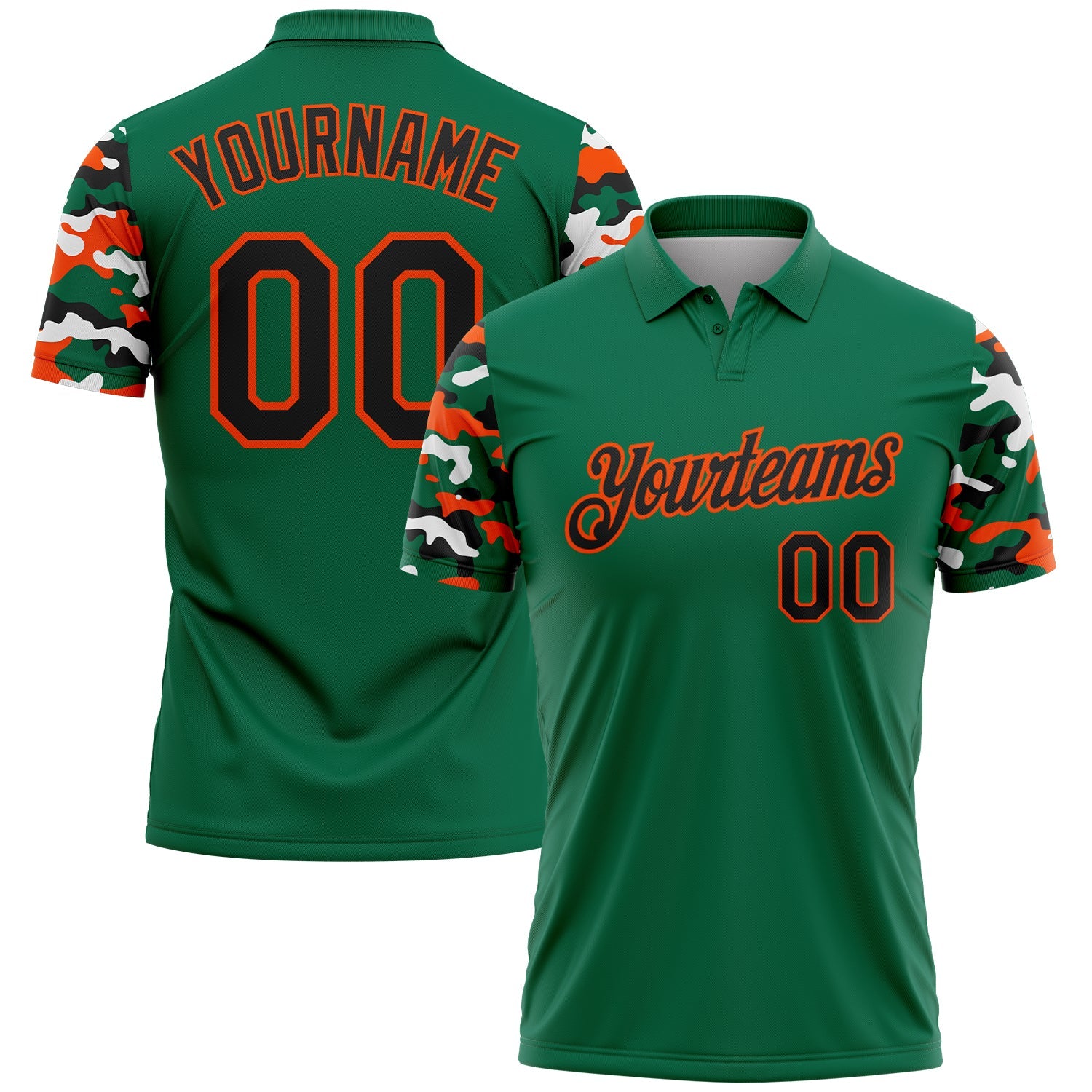 Custom Kelly Green Black Orange-White Digital Camo Two Tone Performance Polo Shirt - Main View
