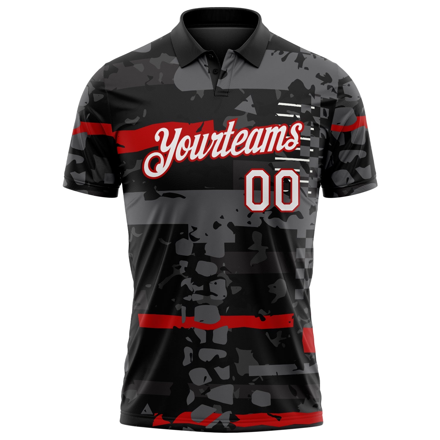 Custom Black White-Red Abstract Geometric Mashup Grunge Performance Polo Shirt view 2