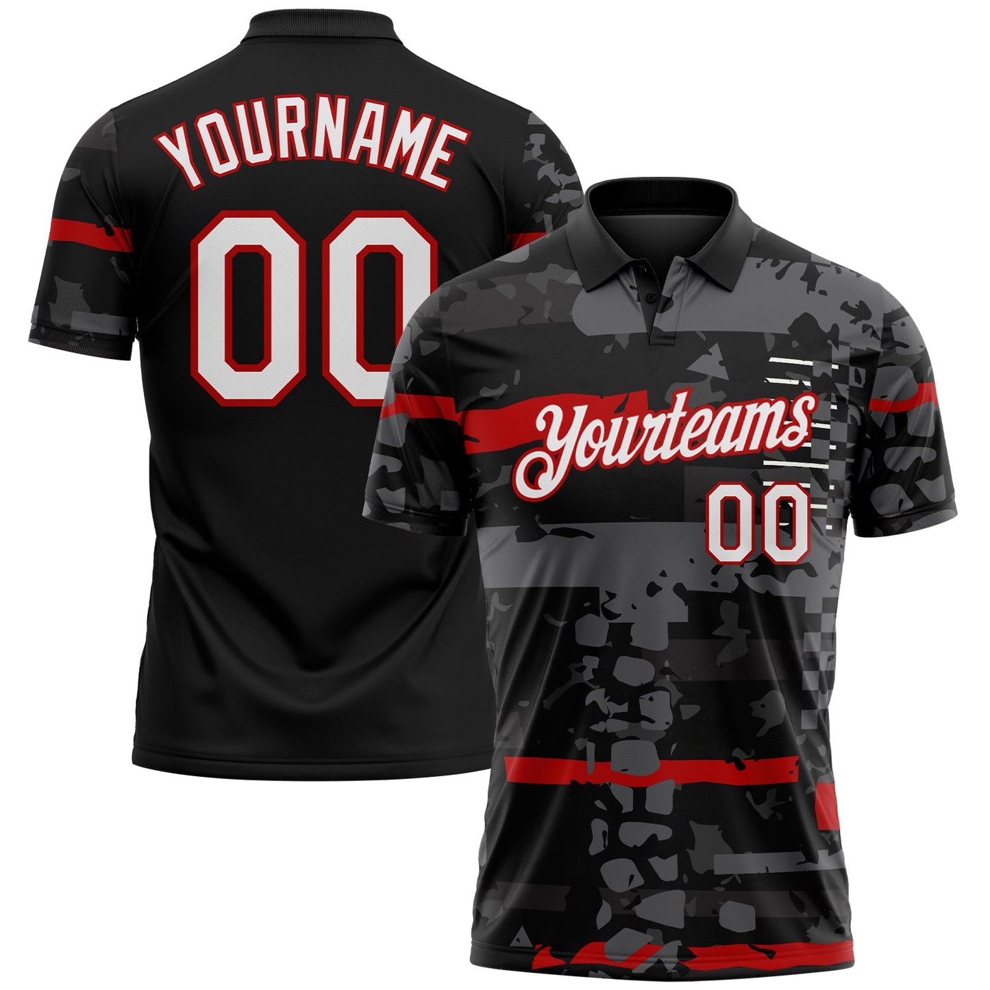 Custom Black White-Red Abstract Geometric Mashup Grunge Performance Polo Shirt - Main View