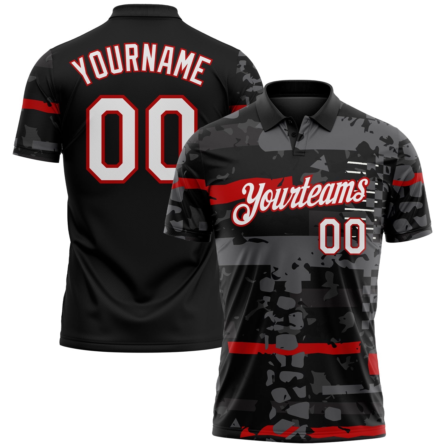 Custom Black White-Red Abstract Geometric Mashup Grunge Performance Polo Shirt - Main View