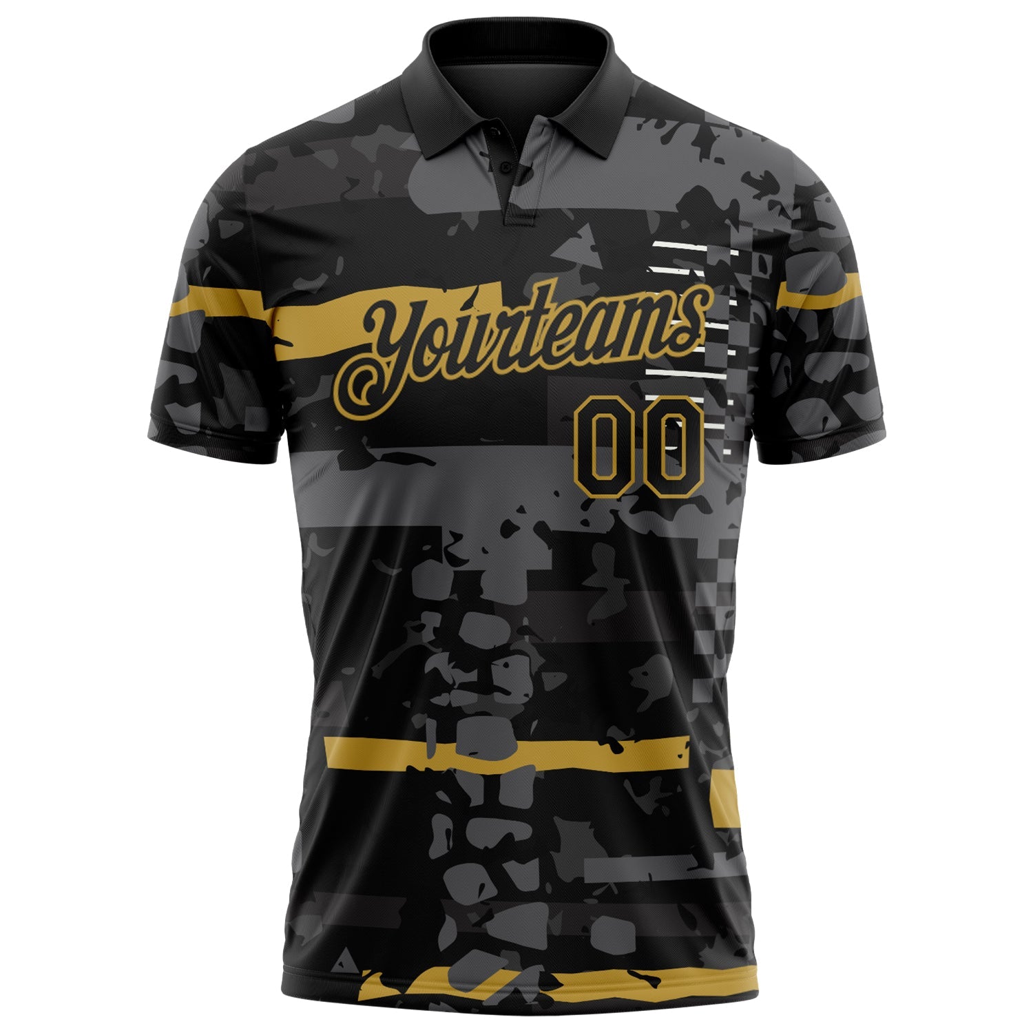 Custom Black-Old Gold Abstract Geometric Grunge Fragment Performance Polo Shirt view 2