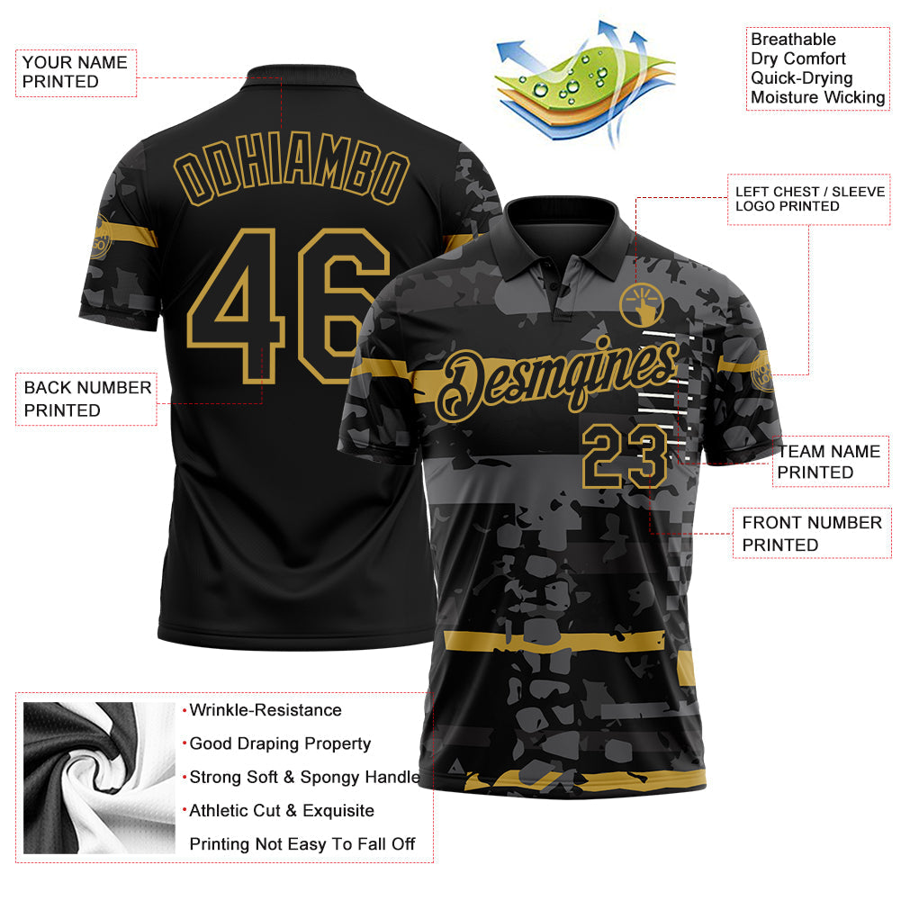 Custom Black-Old Gold Abstract Geometric Grunge Fragment Performance Polo Shirt view 3