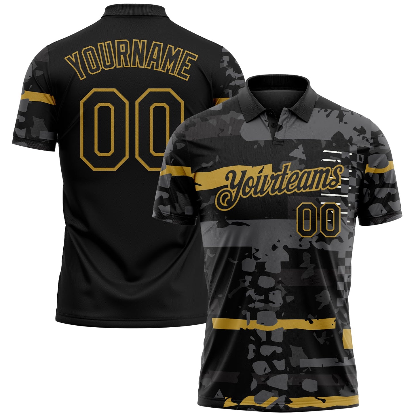 Custom Black-Old Gold Abstract Geometric Grunge Fragment Performance Polo Shirt - Main View