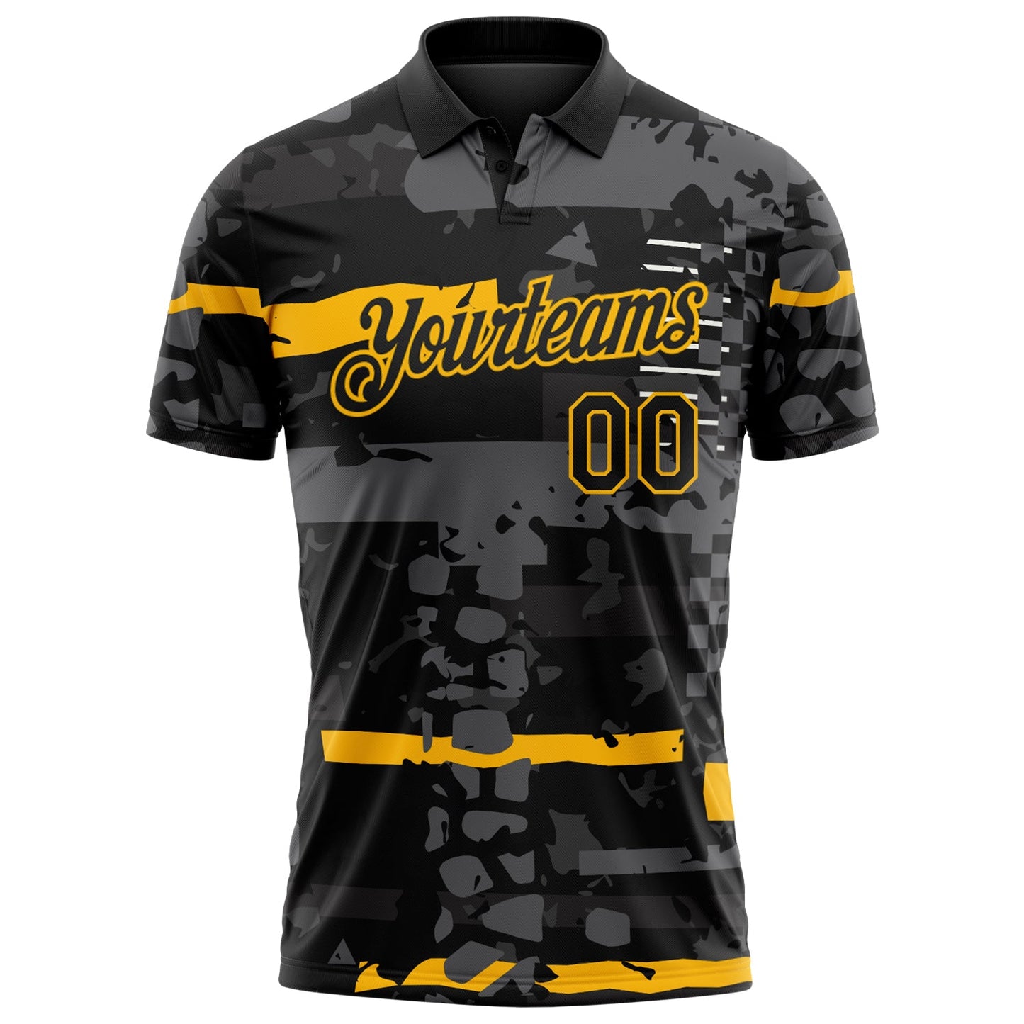 Custom Black-Gold Abstract Geometric Grunge Fragment Performance Polo Shirt view 2