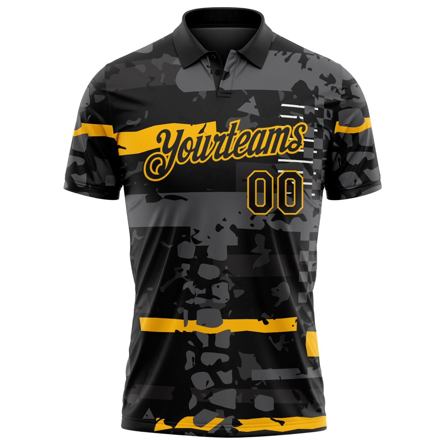 Custom Black-Gold Abstract Geometric Grunge Fragment Performance Polo Shirt view 2