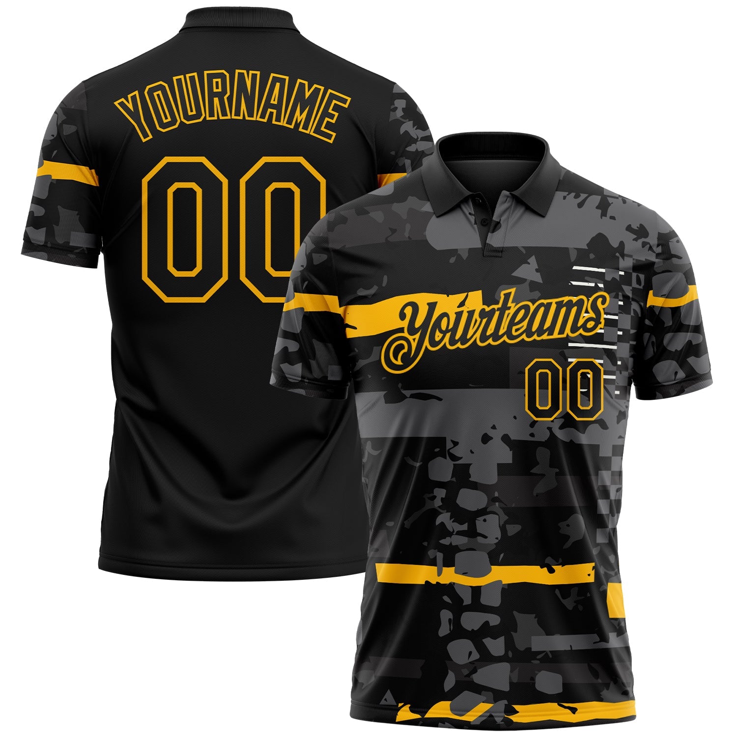 Custom Black-Gold Abstract Geometric Grunge Fragment Performance Polo Shirt - Main View