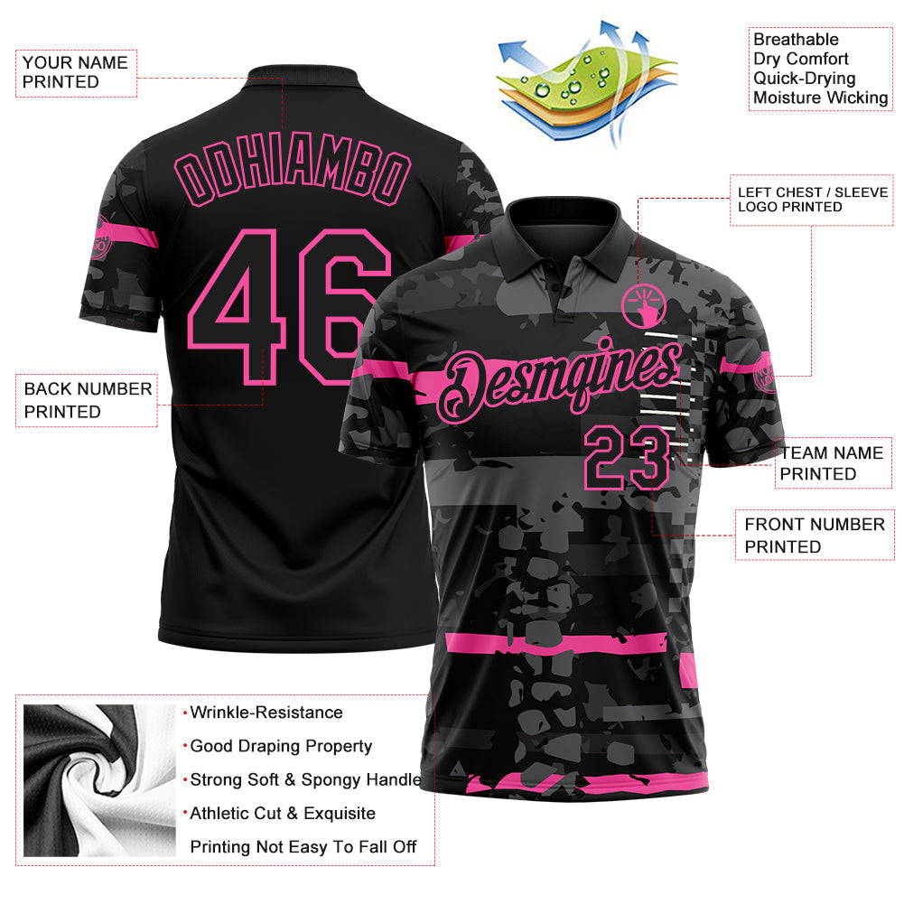Custom Black-Pink Abstract Geometric Grunge Fragment Performance Polo Shirt view 3
