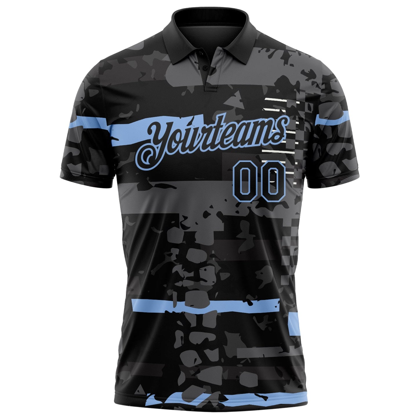Custom Black-Light Blue Abstract Geometric Grunge Fragment Performance Polo Shirt view 2