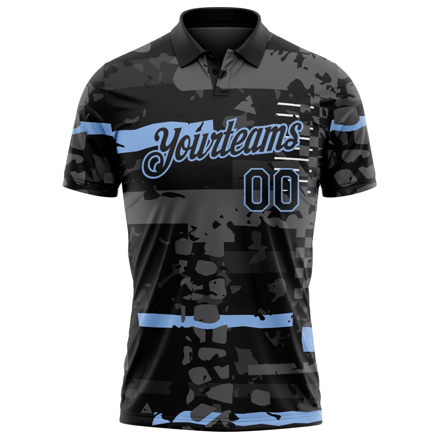 Custom Black-Light Blue Abstract Geometric Grunge Fragment Performance Polo Shirt view 2