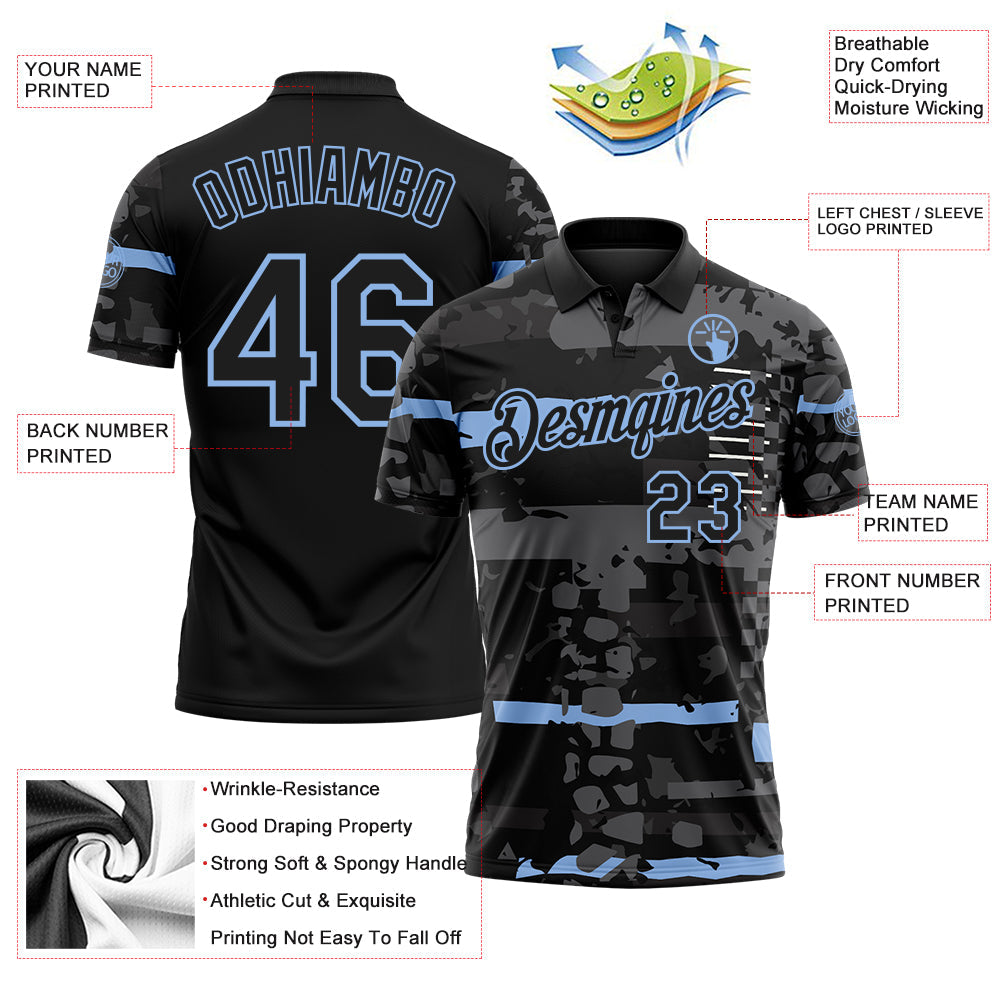 Custom Black-Light Blue Abstract Geometric Grunge Fragment Performance Polo Shirt view 3