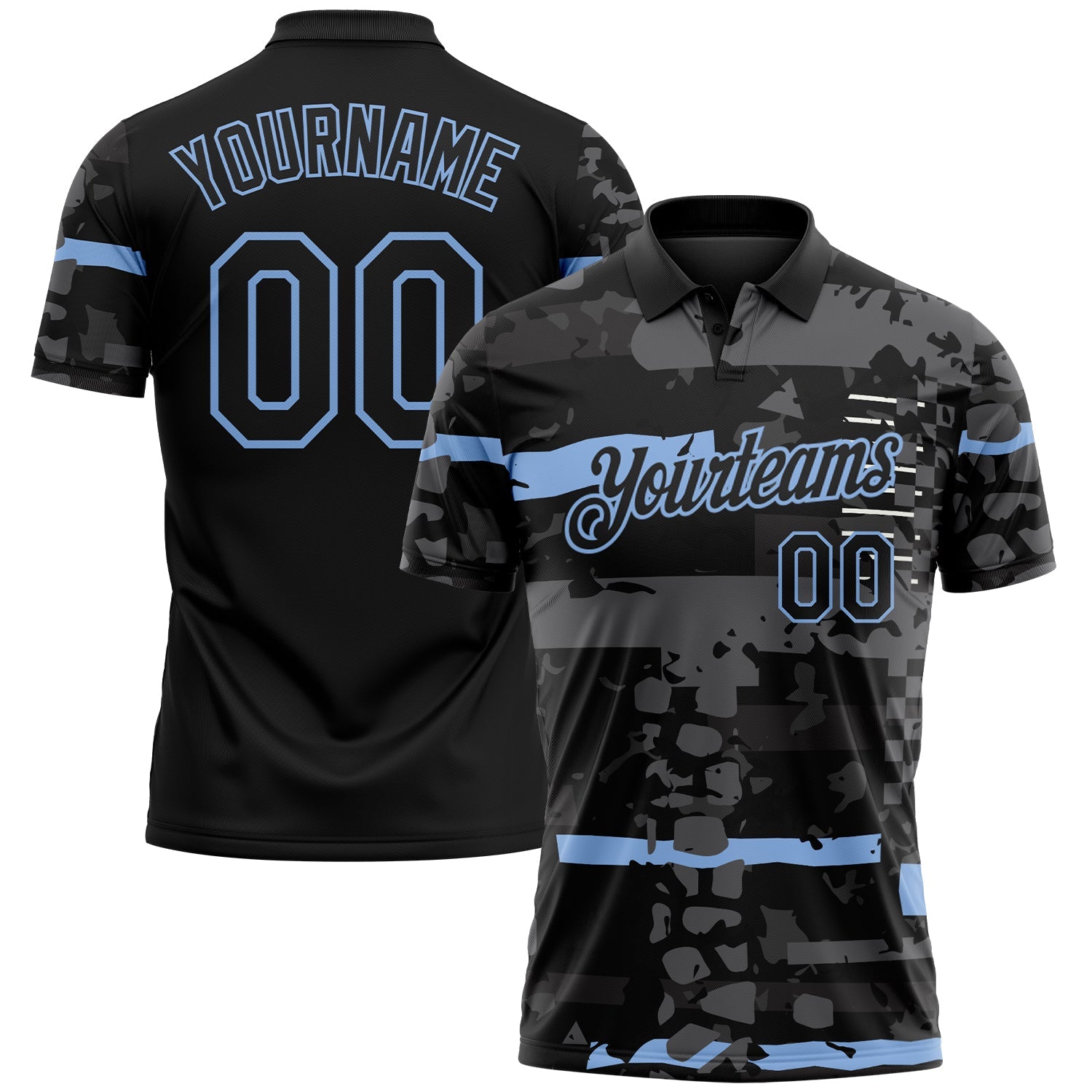Custom Black-Light Blue Abstract Geometric Grunge Fragment Performance Polo Shirt - Main View