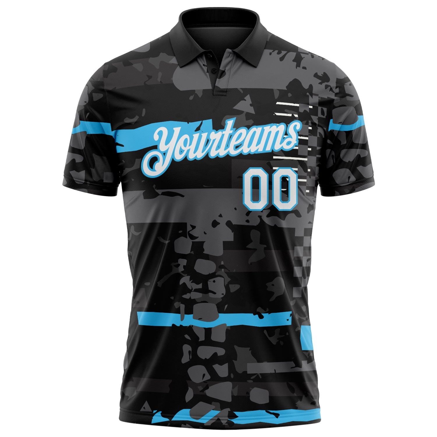 Custom Black White-Sky Blue Abstract Geometric Grunge Fragment Performance Polo Shirt view 2