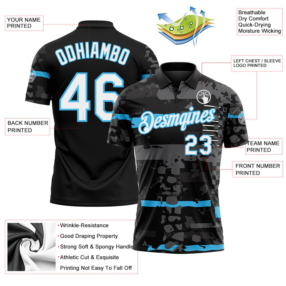 Custom Black White-Sky Blue Abstract Geometric Grunge Fragment Performance Polo Shirt view 3