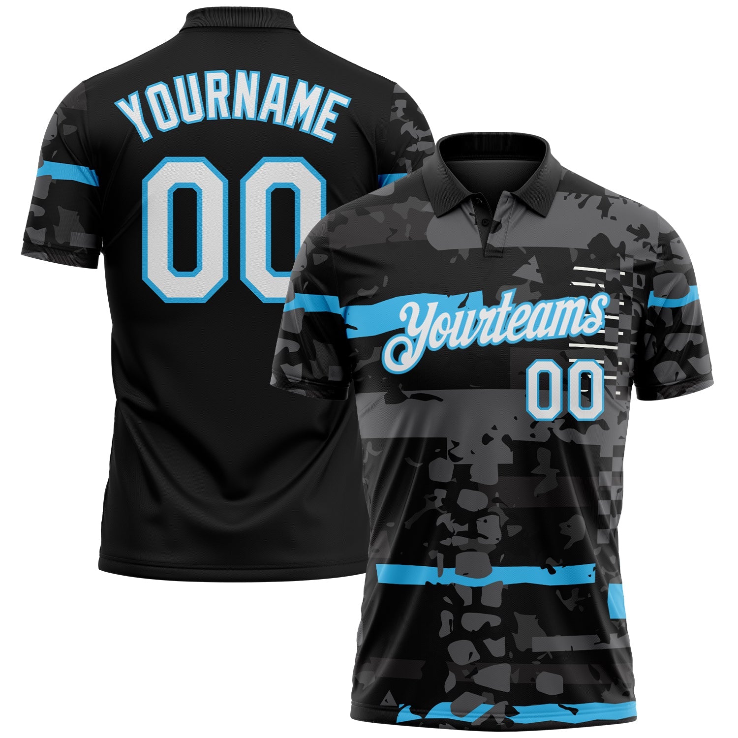 Custom Black White-Sky Blue Abstract Geometric Grunge Fragment Performance Polo Shirt - Main View