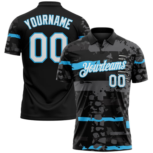 Custom Black White-Sky Blue Abstract Geometric Grunge Fragment Performance Polo Shirt - Main View