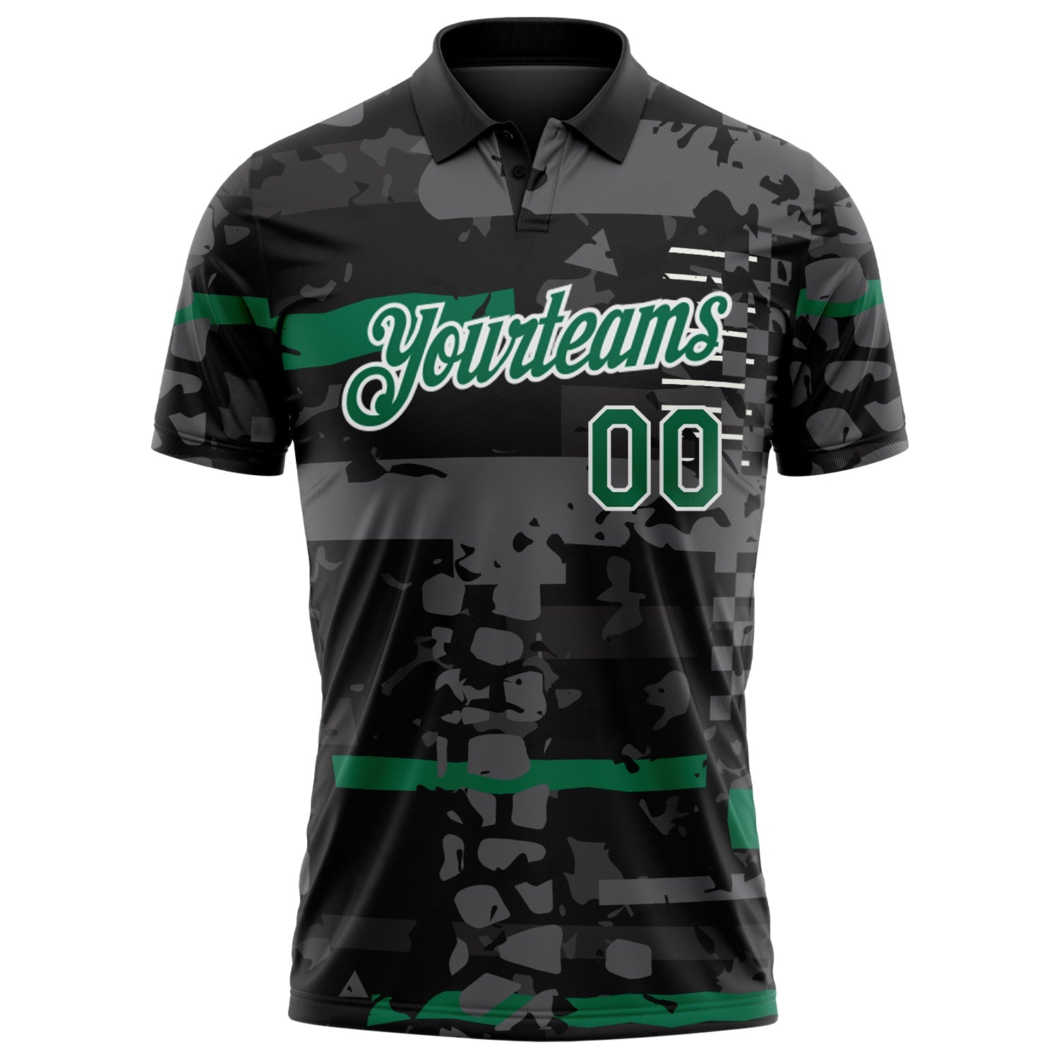 Custom Black Kelly Green-White Abstract Geometric Grunge Fragment Performance Polo Shirt view 2