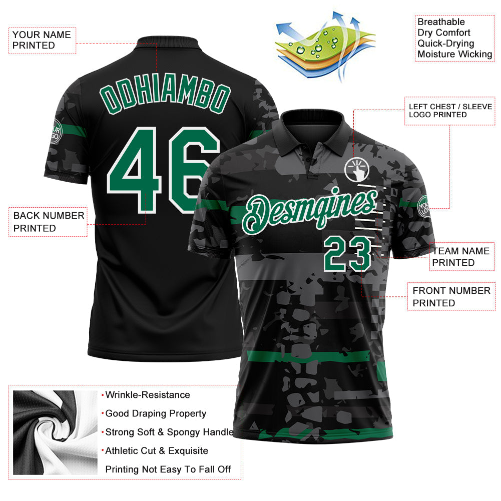 Custom Black Kelly Green-White Abstract Geometric Grunge Fragment Performance Polo Shirt view 3