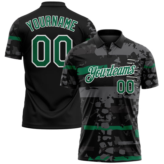 Custom Black Kelly Green-White Abstract Geometric Grunge Fragment Performance Polo Shirt - Main View
