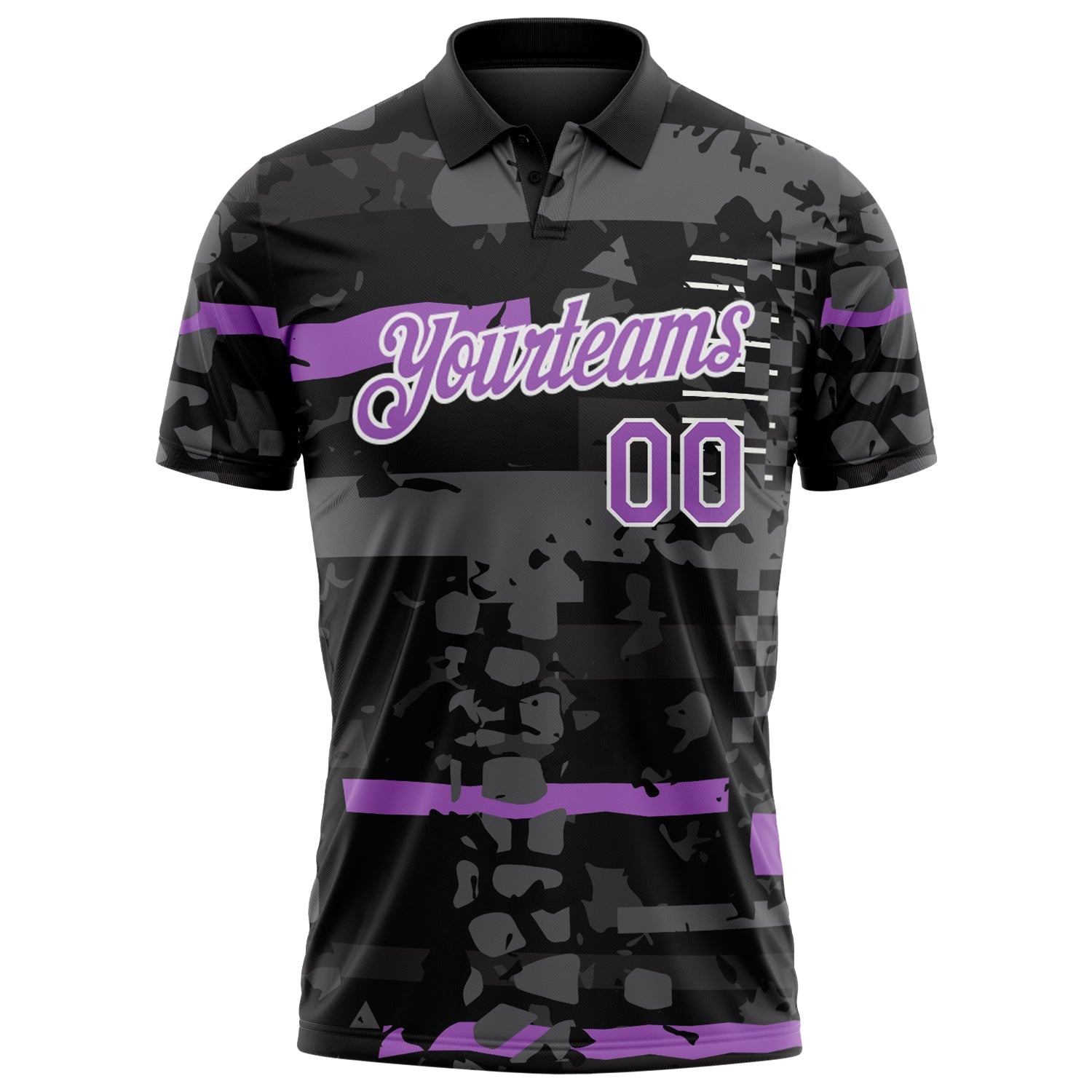 Custom Black Medium Purple-White Abstract Geometric Grunge Fragment Performance Polo Shirt view 2