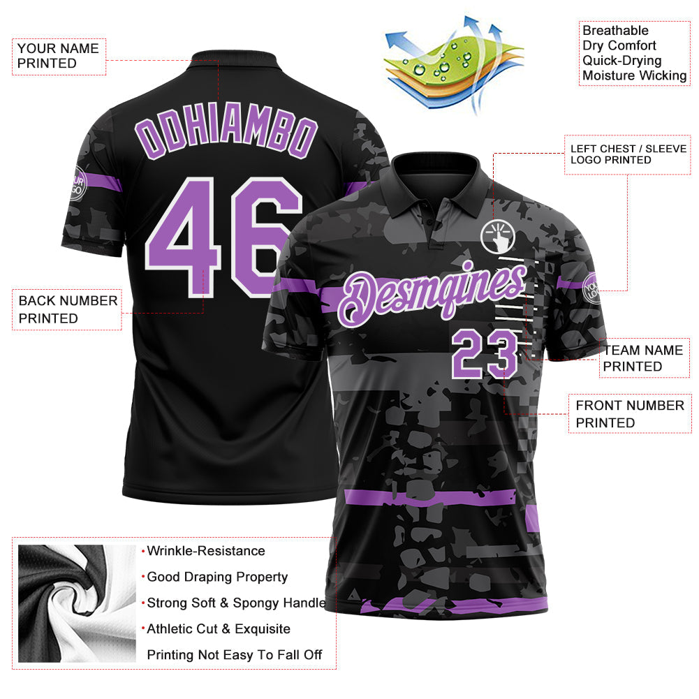 Custom Black Medium Purple-White Abstract Geometric Grunge Fragment Performance Polo Shirt view 3