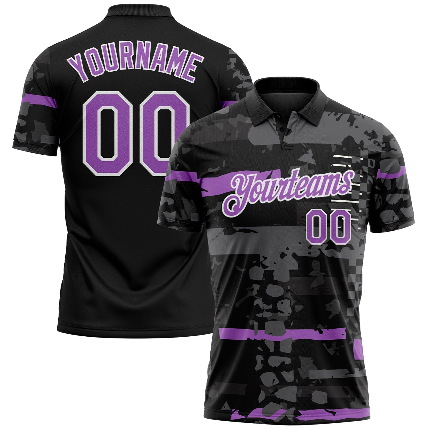 Custom Black Medium Purple-White Abstract Geometric Grunge Fragment Performance Polo Shirt - Main View