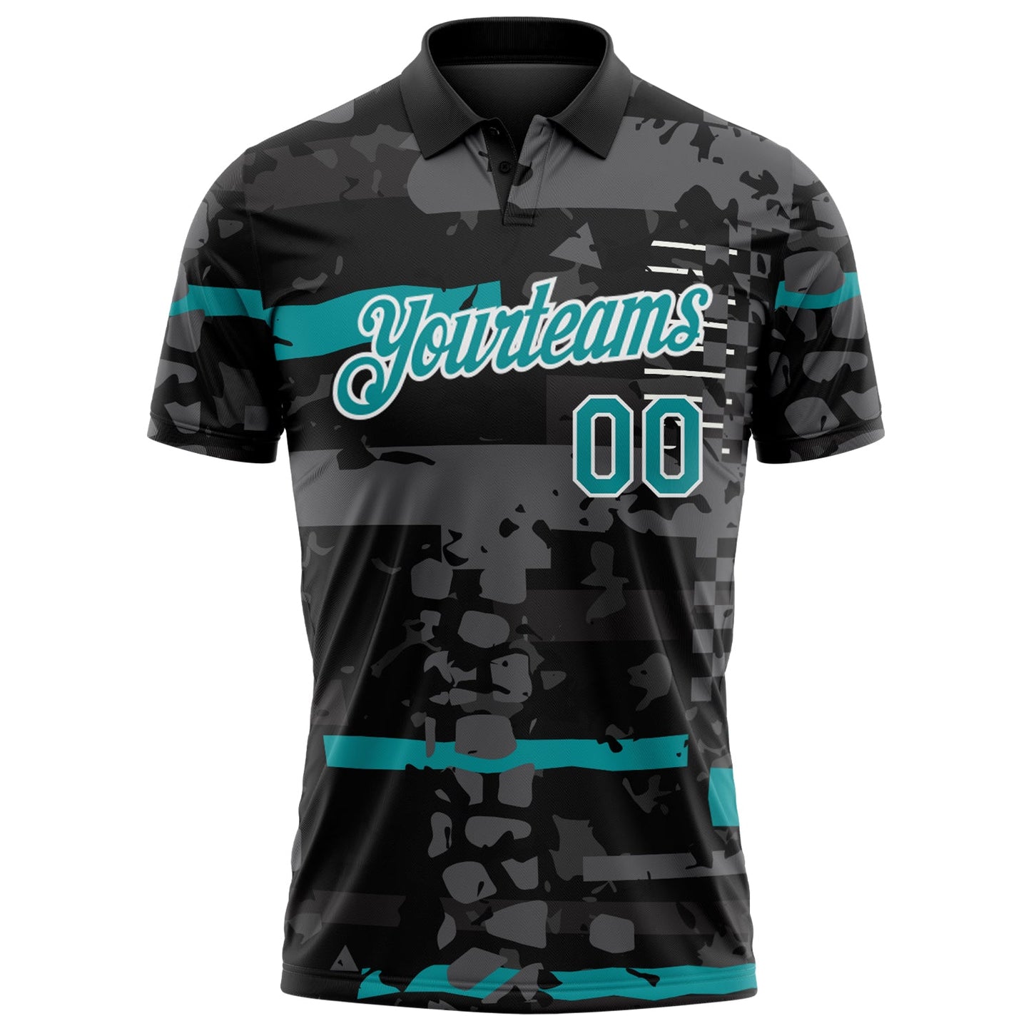 Custom Black Teal-White Abstract Geometric Grunge Fragment Performance Polo Shirt view 2