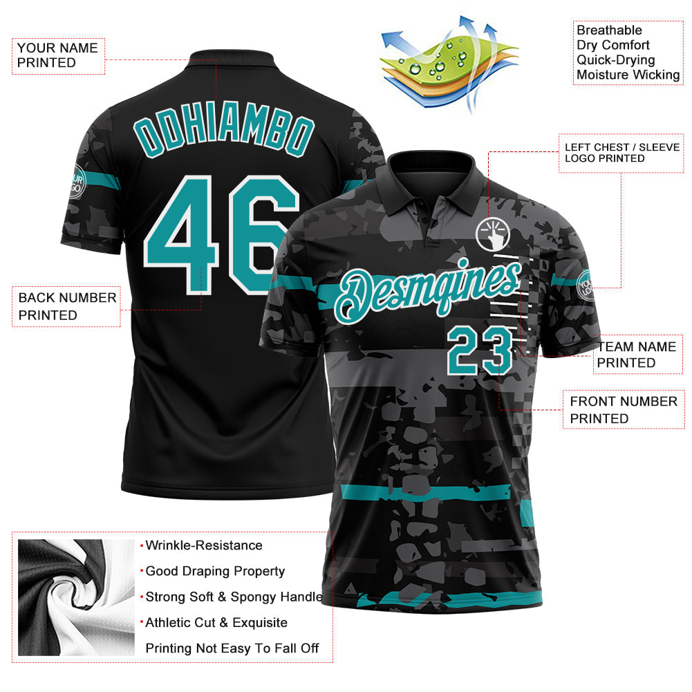 Custom Black Teal-White Abstract Geometric Grunge Fragment Performance Polo Shirt view 3