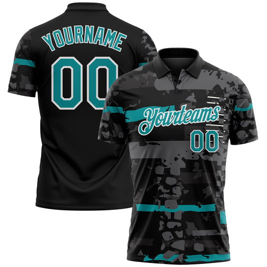 Custom Black Teal-White Abstract Geometric Grunge Fragment Performance Polo Shirt - Main View
