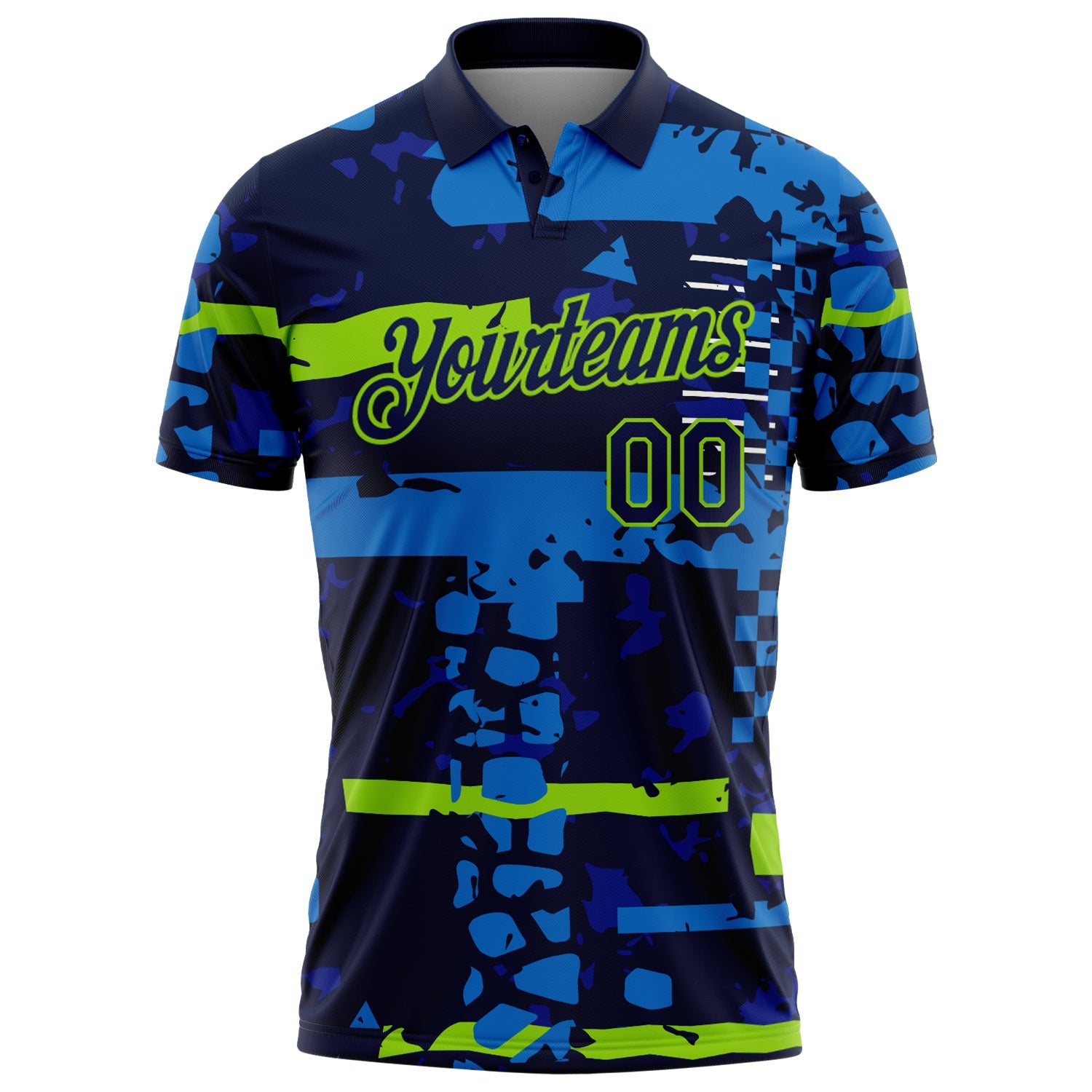 Custom Navy-Neon Green Abstract Geometric Grunge Fragment Performance Polo Shirt view 2