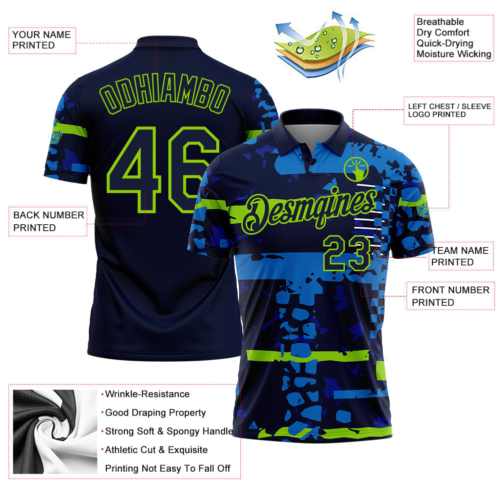 Custom Navy-Neon Green Abstract Geometric Grunge Fragment Performance Polo Shirt view 3