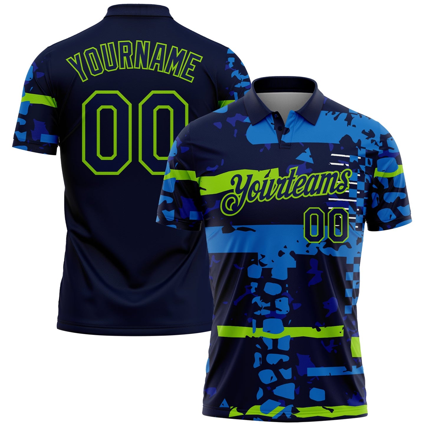 Custom Navy-Neon Green Abstract Geometric Grunge Fragment Performance Polo Shirt - Main View