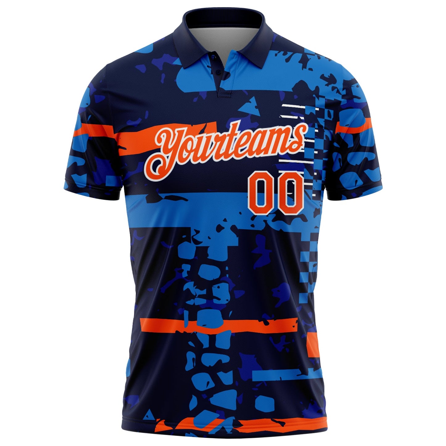 Custom Navy Orange-White Abstract Geometric Grunge Fragment Performance Polo Shirt view 2