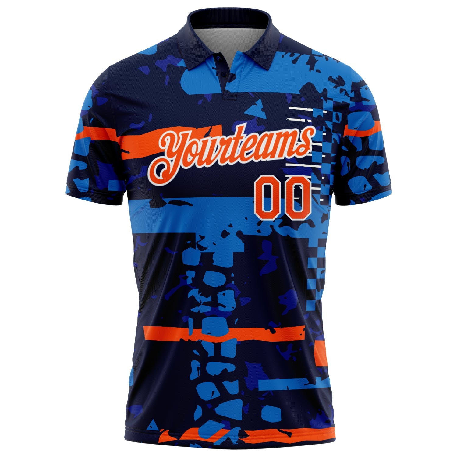 Custom Navy Orange-White Abstract Geometric Grunge Fragment Performance Polo Shirt view 2