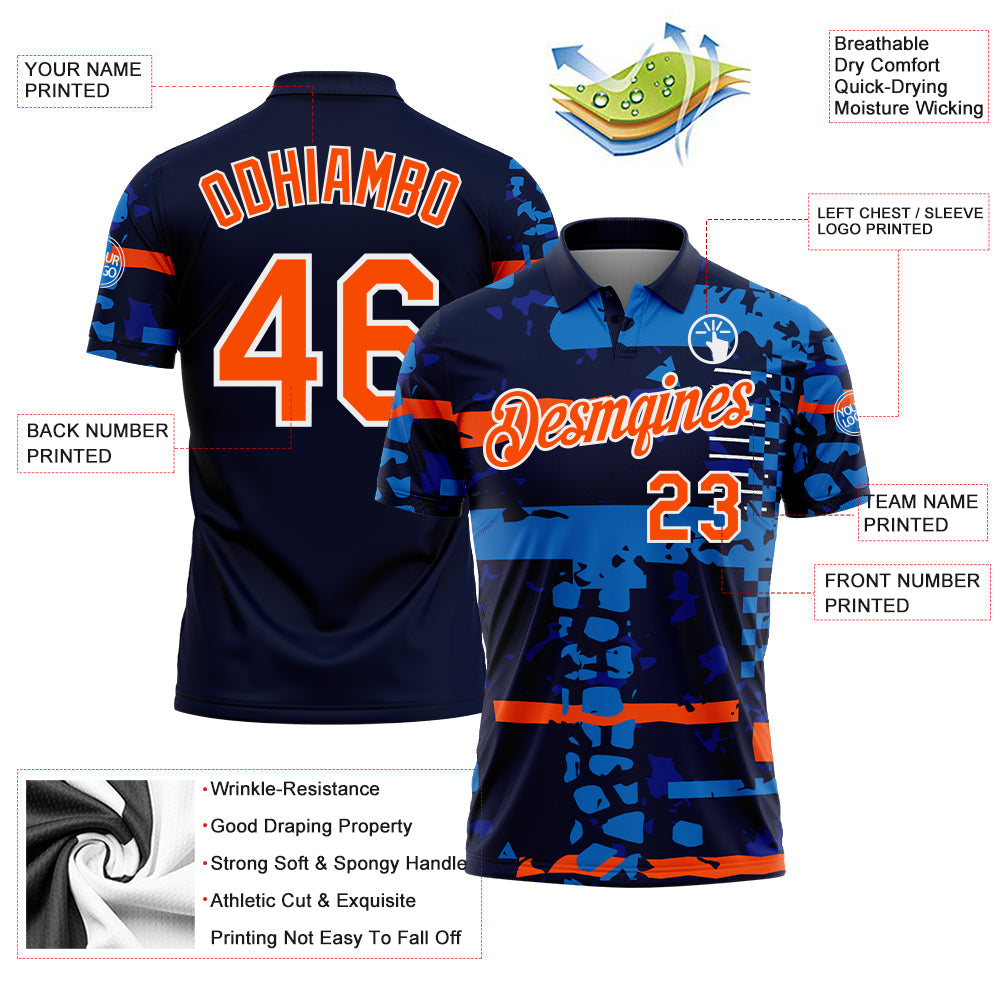 Custom Navy Orange-White Abstract Geometric Grunge Fragment Performance Polo Shirt view 3